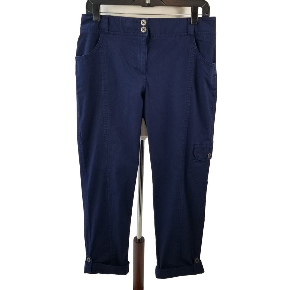 Chico's Navy Blue Cargo Pant Roll Cuff Pockets Elastic Waist Size 0.5
